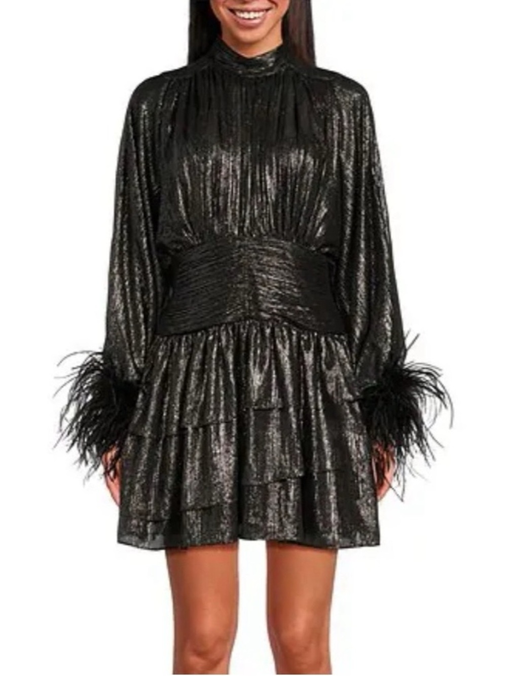 NWT A Loves A Feather Cuff Metallic Chiffon Mini Dress,‎ Size L